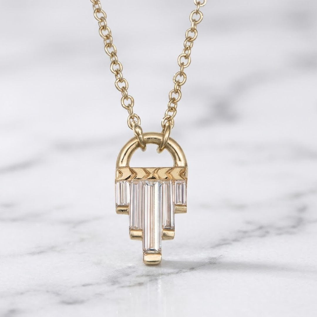 Art Deco Diamond Necklace, Baguette Cut Lab Grown Diamonds, 14K Gold, Special Occasion Jewelry