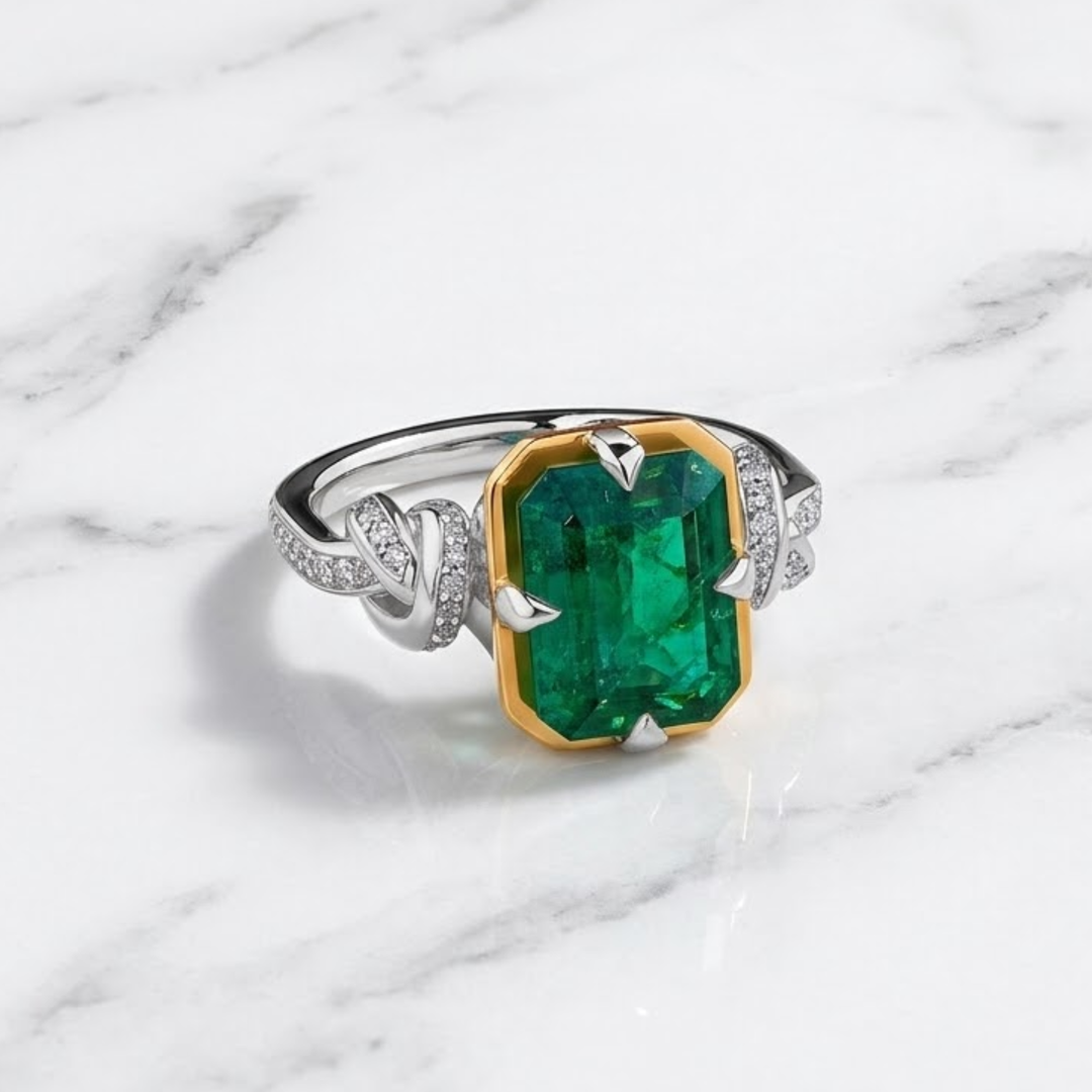Luxury Natural Emerald & GIA certified Diamond Ring in 18K Yellow Gold and Platinum