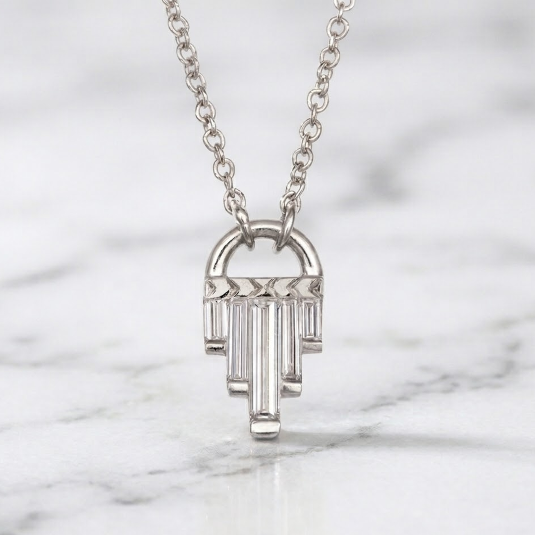 Art Deco Diamond Necklace, Baguette Cut Lab Grown Diamonds, 14K Gold, Special Occasion Jewelry