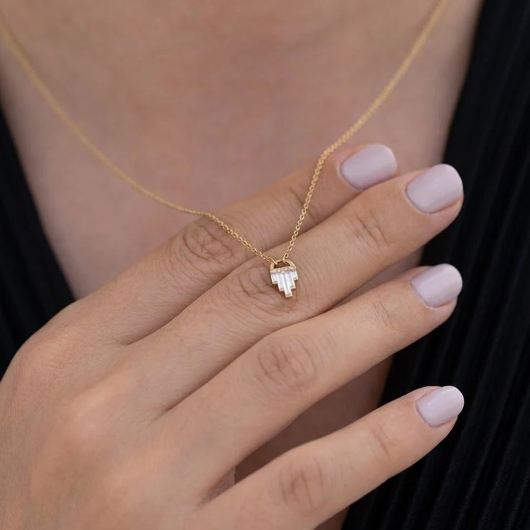 Art Deco Diamond Necklace, Baguette Cut Lab Grown Diamonds, 14K Gold, Special Occasion Jewelry