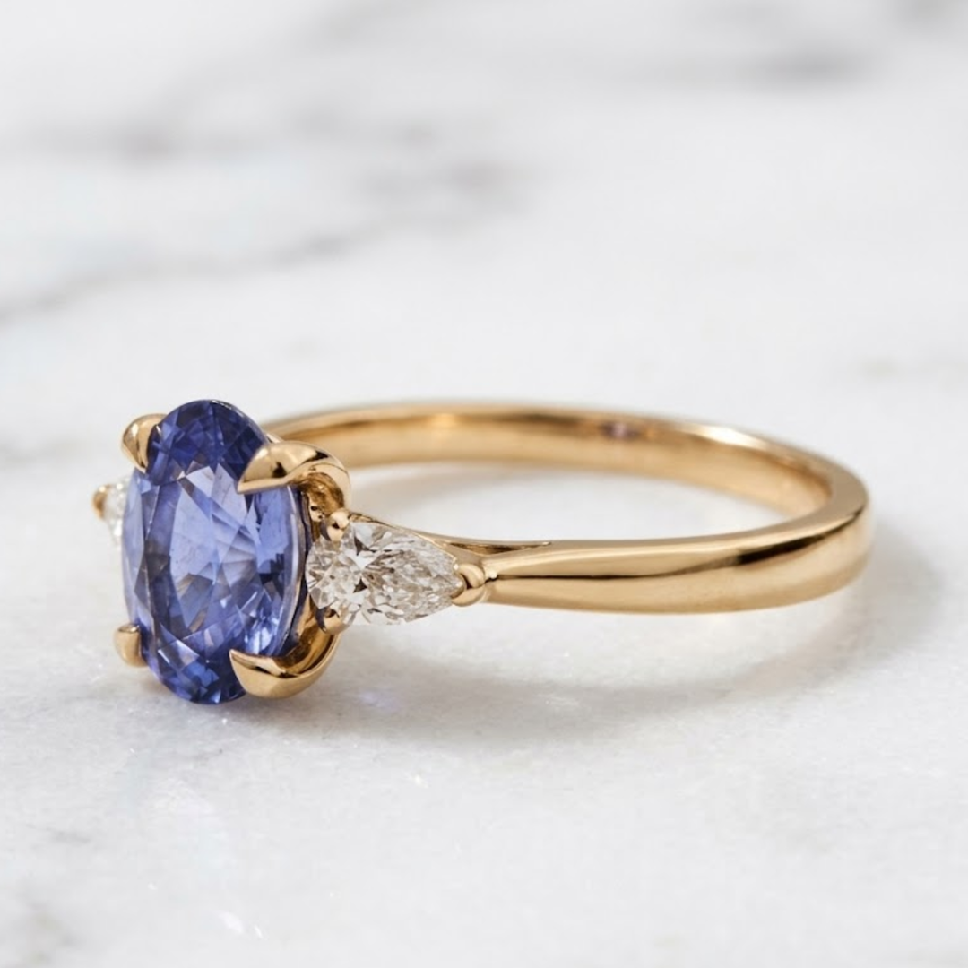 Certified Natural Blue Sapphire & Pear Cut Diamond Ring in 18K Solid Gold
