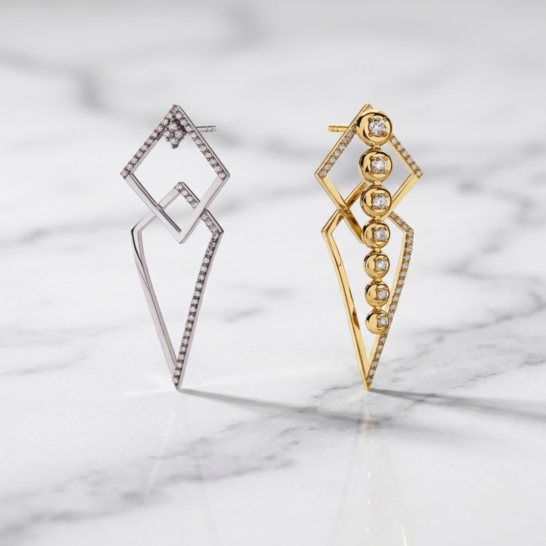 18K Solid Gold Natural Round Cut Diamonds Thunder & Star Trail Earrings