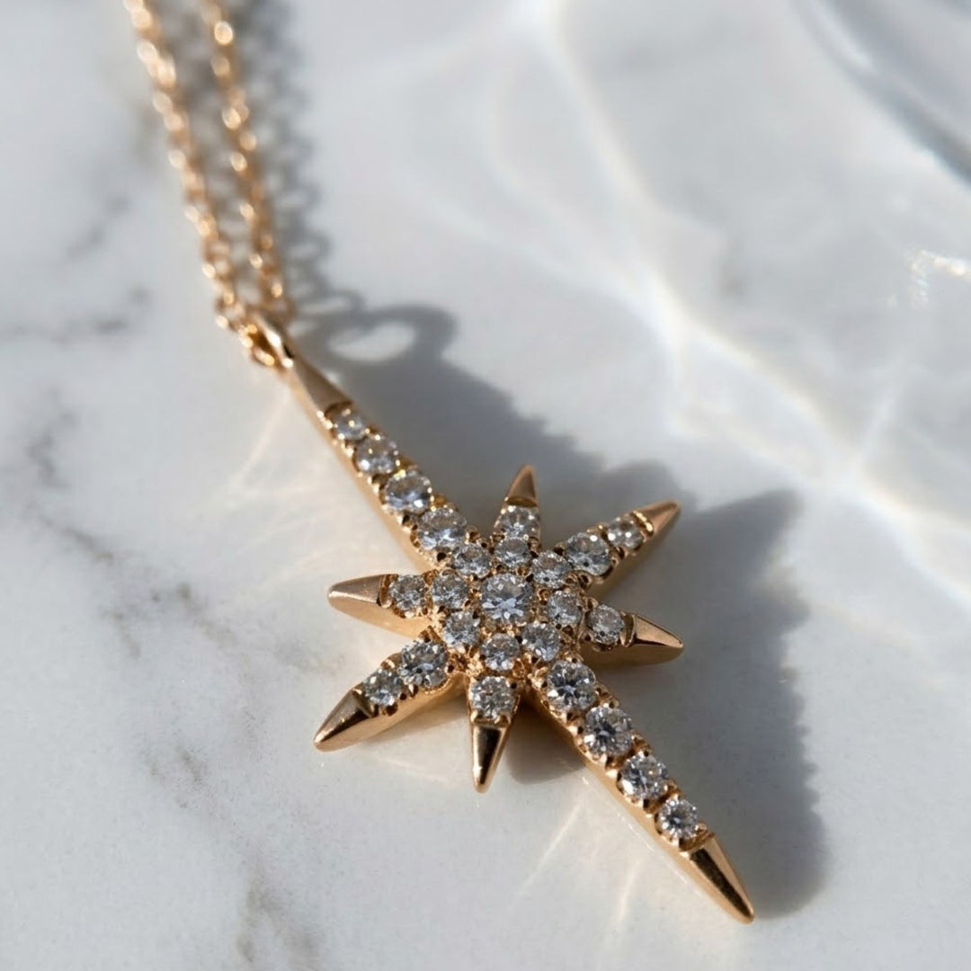 North Star Diamond Necklace in Solid Gold | Celestial Starburst Pendant | Lab Grown Diamond Pave Necklace | Minimal Dainty Gift for Her