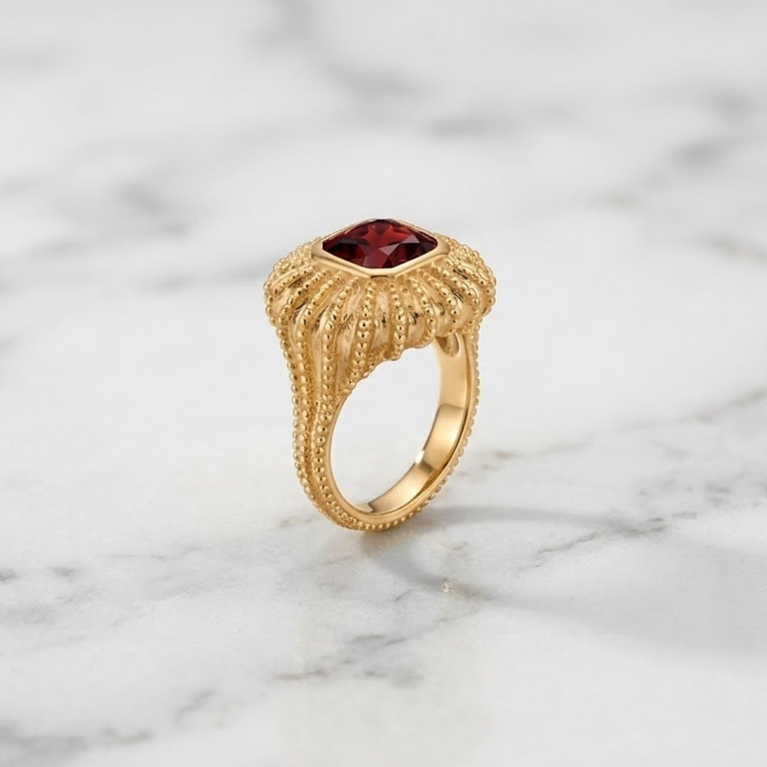 Royal Sunburst Cushion Ruby Gold Ring 18KT Solid Gold