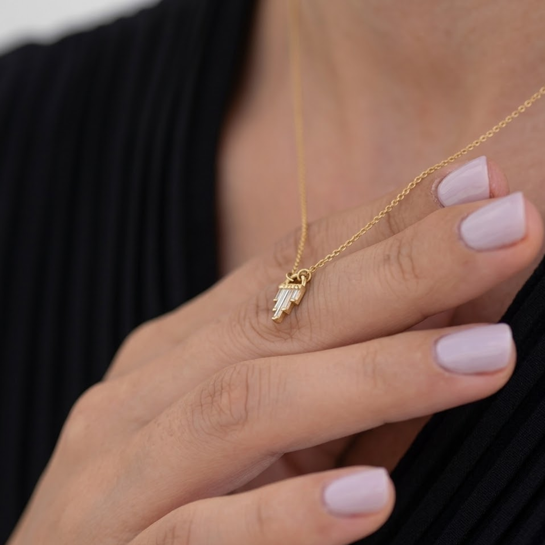 Art Deco Diamond Necklace, Baguette Cut Lab Grown Diamonds, 14K Gold, Special Occasion Jewelry