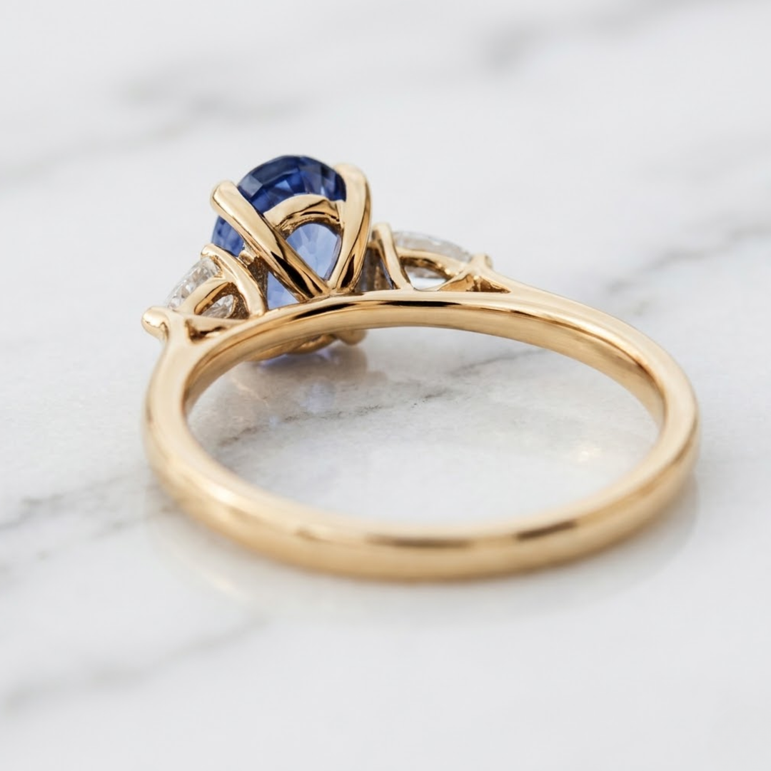 Certified Natural Blue Sapphire & Pear Cut Diamond Ring in 18K Solid Gold