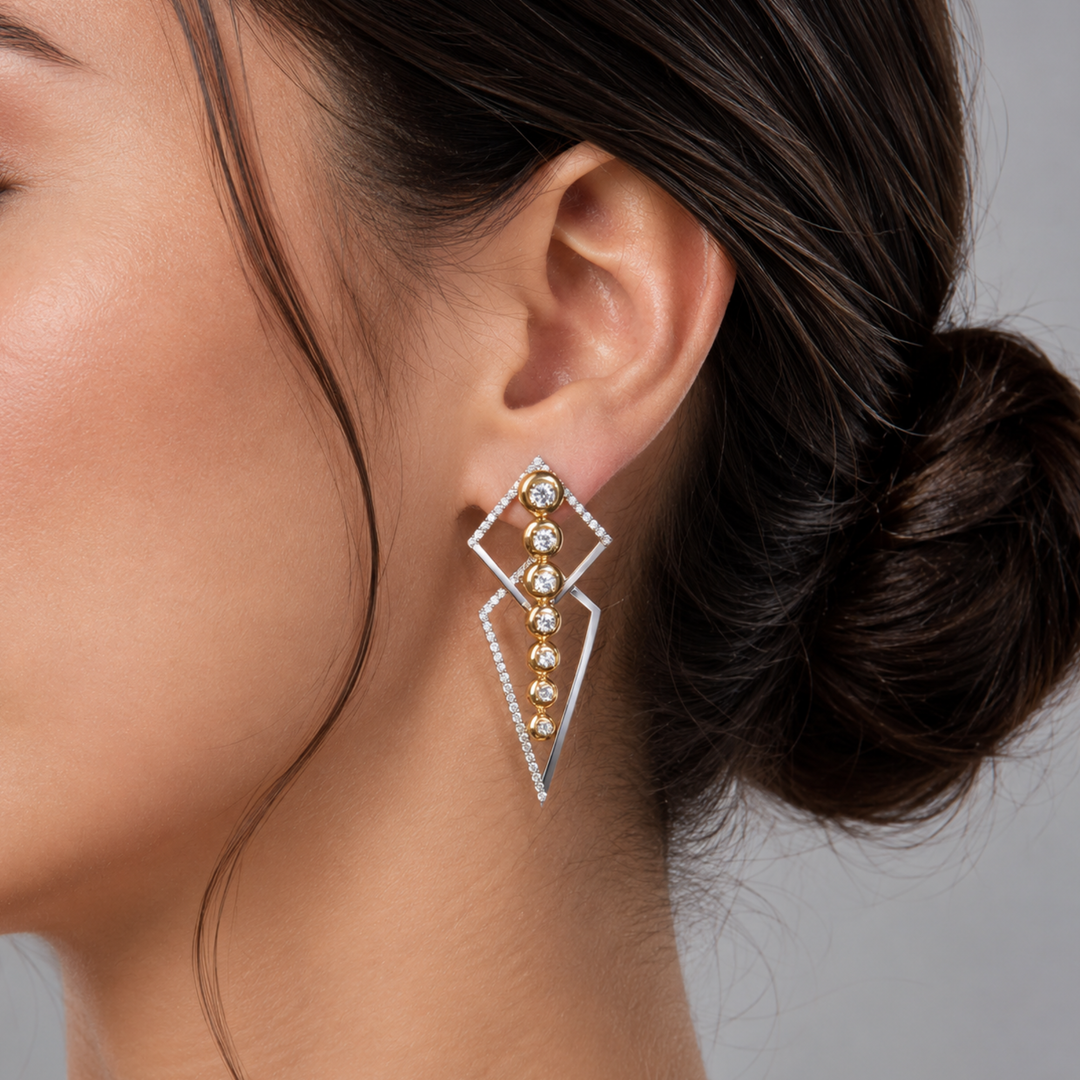 18K Solid Gold Natural Round Cut Diamonds Thunder & Star Trail Earrings