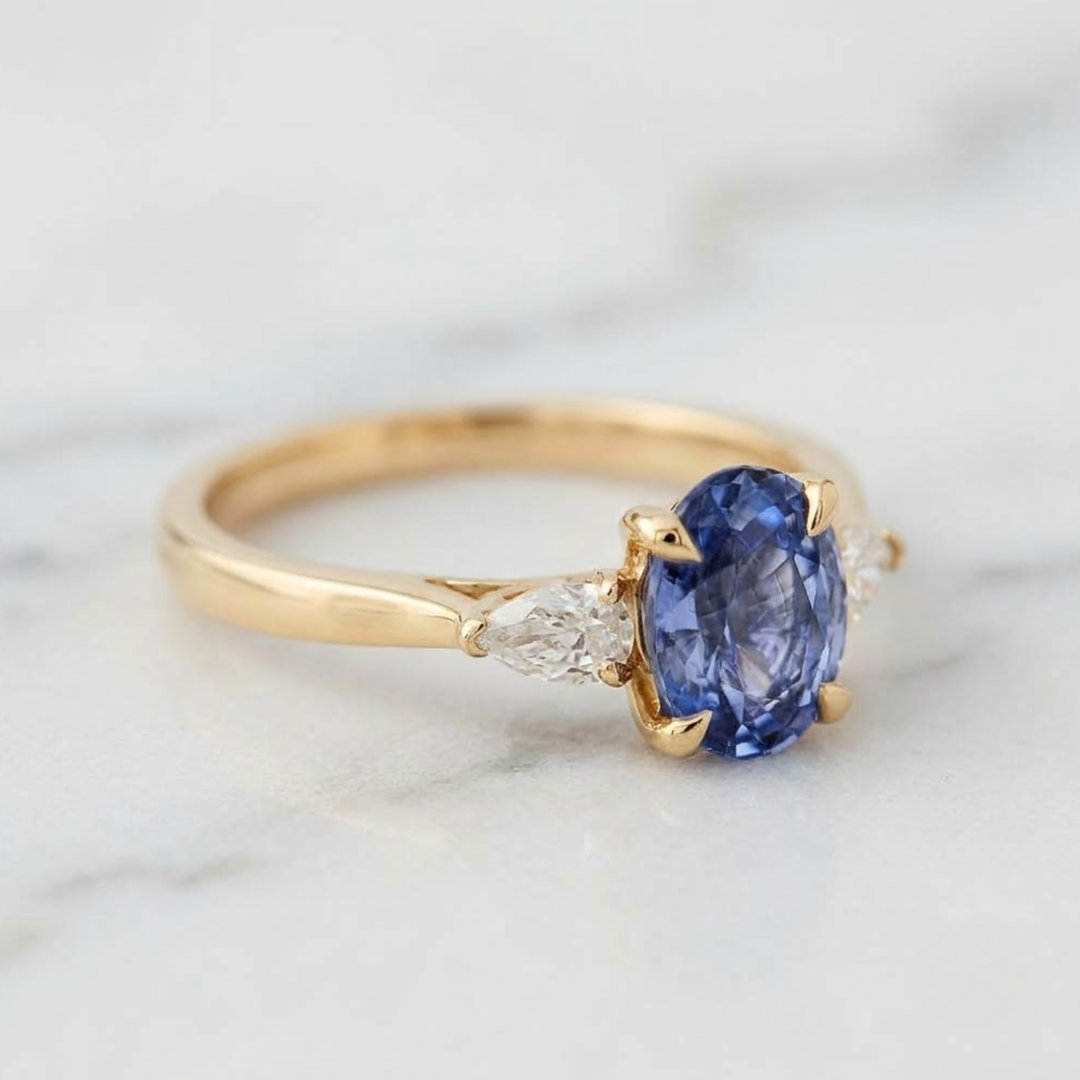 Certified Natural Blue Sapphire & Pear Cut Diamond Ring in 18K Solid Gold