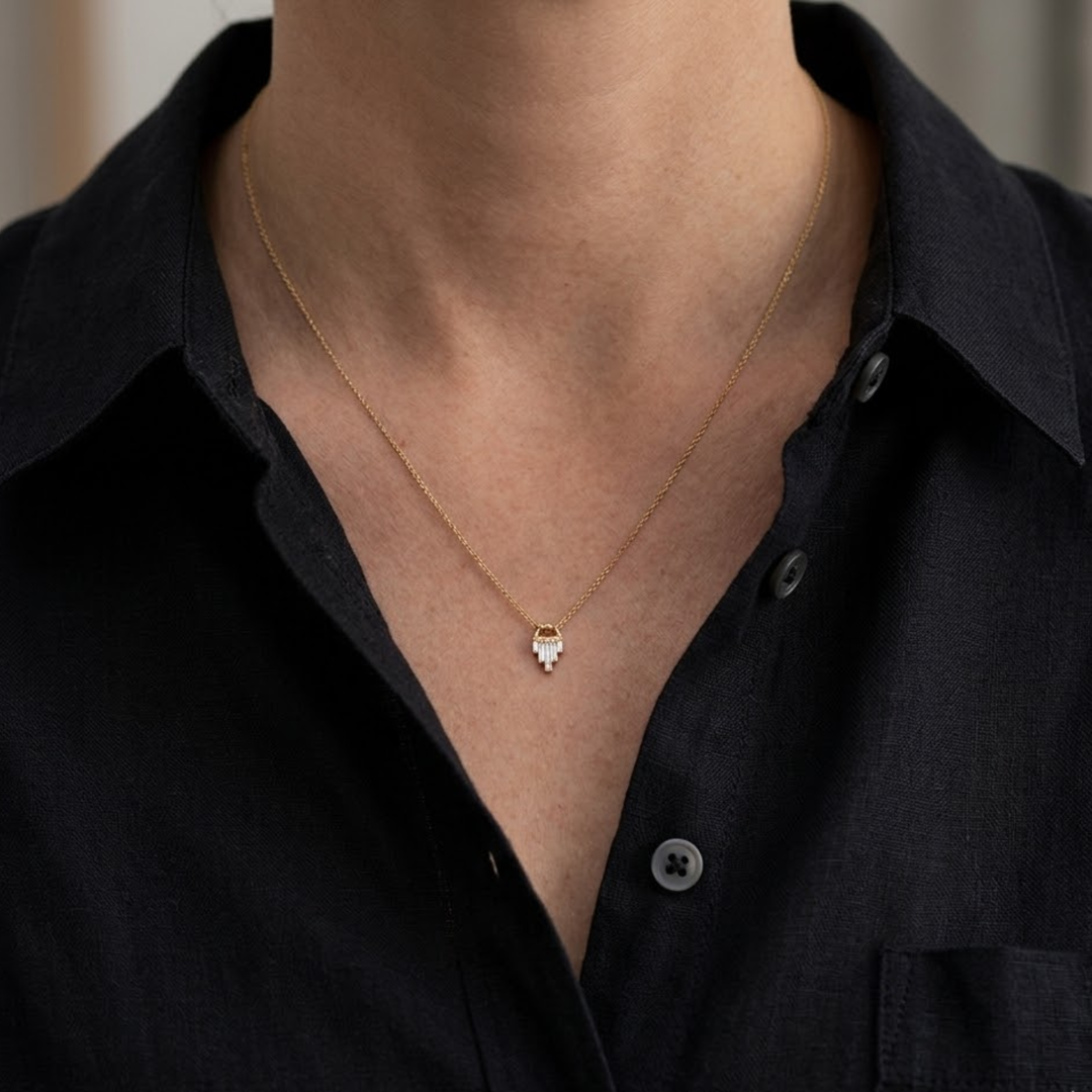 Art Deco Diamond Necklace, Baguette Cut Lab Grown Diamonds, 14K Gold, Special Occasion Jewelry