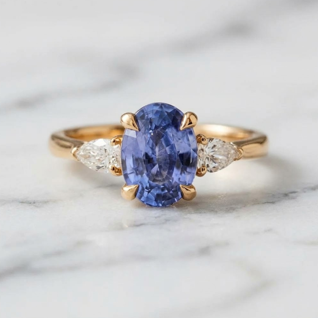 Certified Natural Blue Sapphire & Pear Cut Diamond Ring in 18K Solid Gold