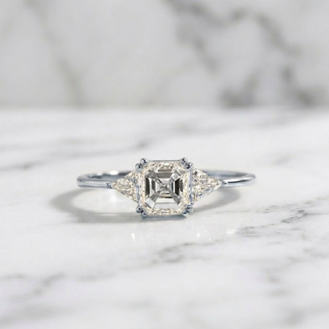 IGI Certified Asscher Cut Diamond Engagement Ring, Lab Grown Diamond Wedding Ring, Three Stone Diamond Ring, Diamond Promise Ring for Women