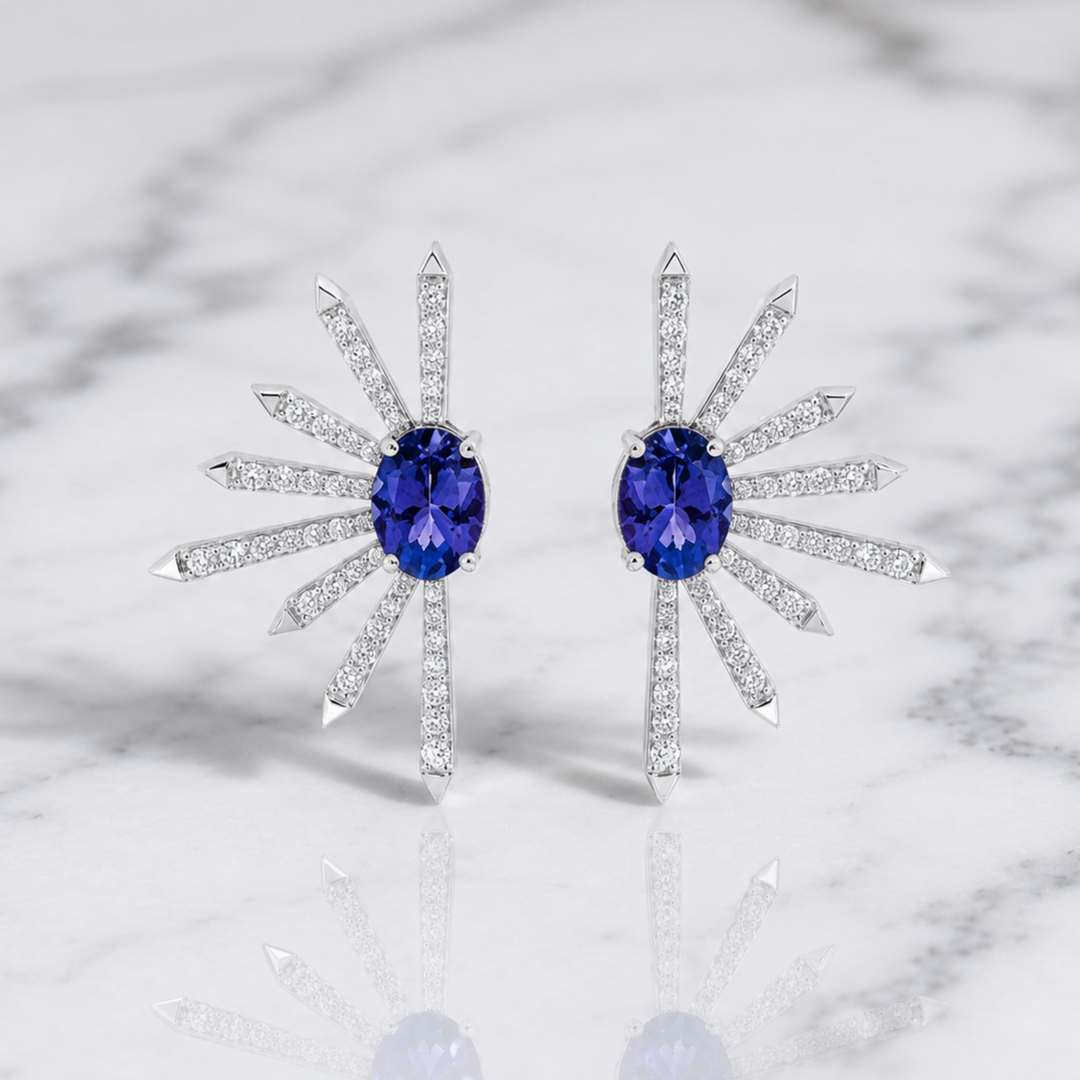 Natural Tanzanite & White Diamond 18K White Gold Earring