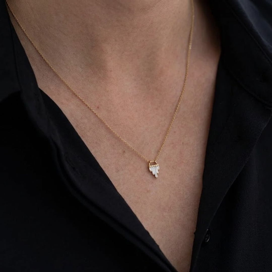 Art Deco Diamond Necklace, Baguette Cut Lab Grown Diamonds, 14K Gold, Special Occasion Jewelry