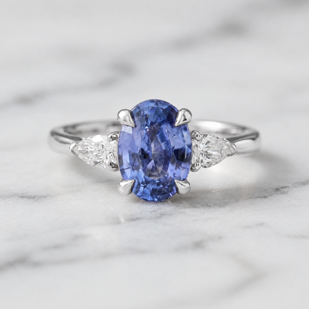 Certified Natural Blue Sapphire & Pear Cut Diamond Ring in 18K Solid Gold