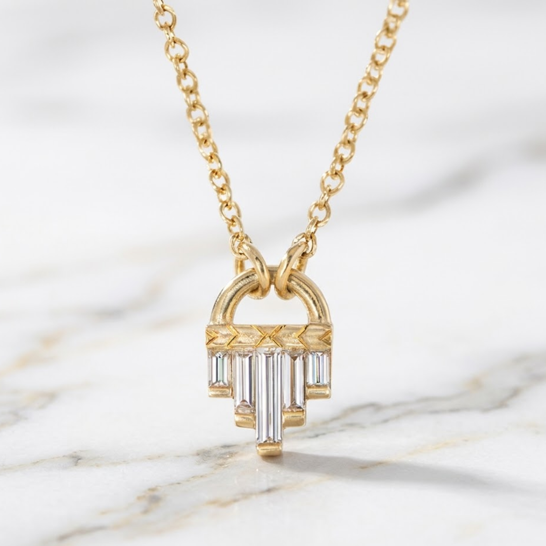 Art Deco Diamond Necklace, Baguette Cut Lab Grown Diamonds, 14K Gold Pendant