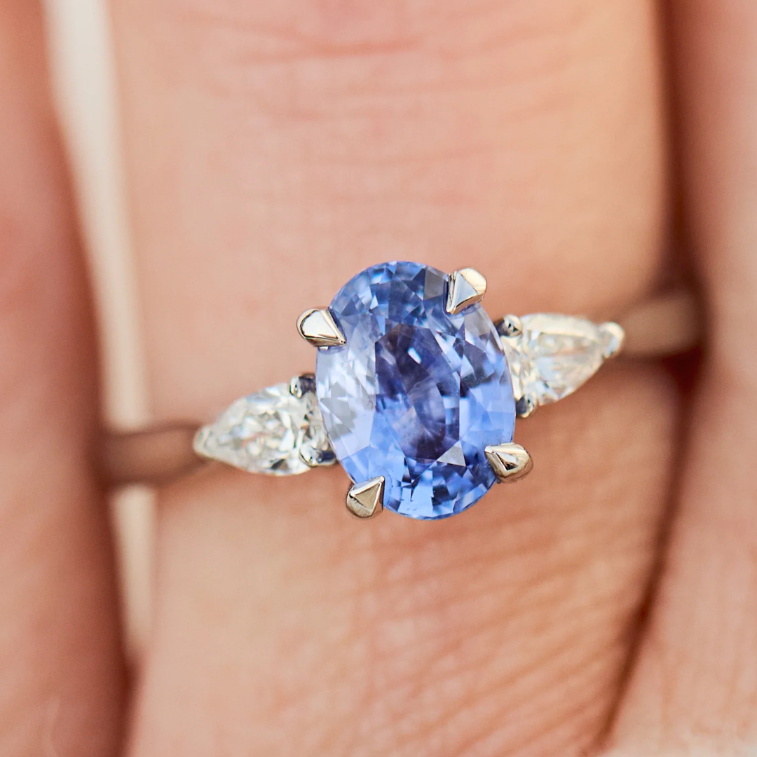 Certified Natural Blue Sapphire & Pear Cut Diamond Ring in 18K Solid Gold
