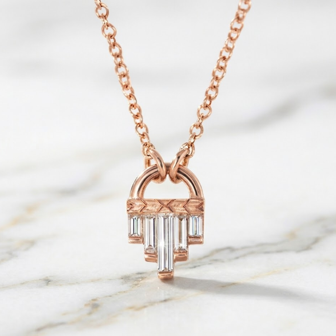 Art Deco Diamond Necklace, Baguette Cut Lab Grown Diamonds, 14K Gold Pendant