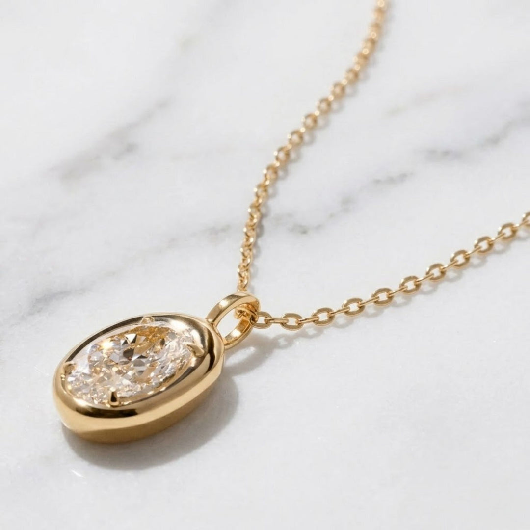 3 Ct Lab Grown Oval Diamond Pendant, 14k Yellow Gold Bezel Necklace