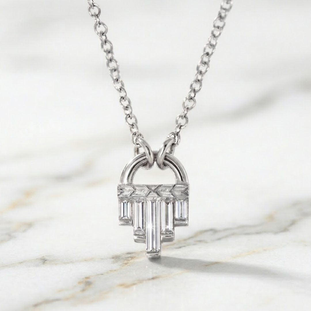 Art Deco Diamond Necklace, Baguette Cut Lab Grown Diamonds, 14K Gold Pendant