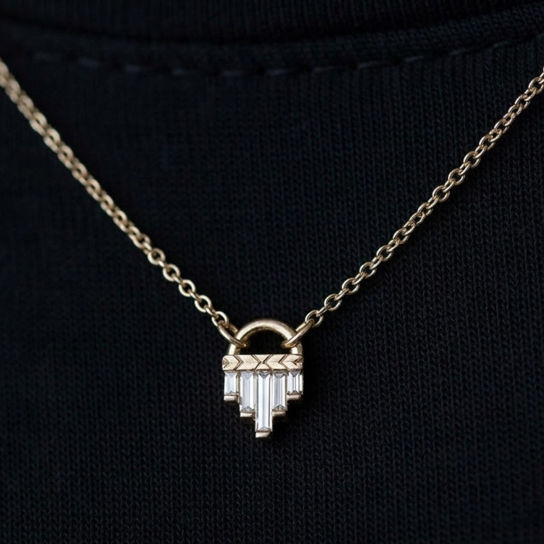 Art Deco Diamond Necklace, Baguette Cut Lab Grown Diamonds, 14K Gold Pendant