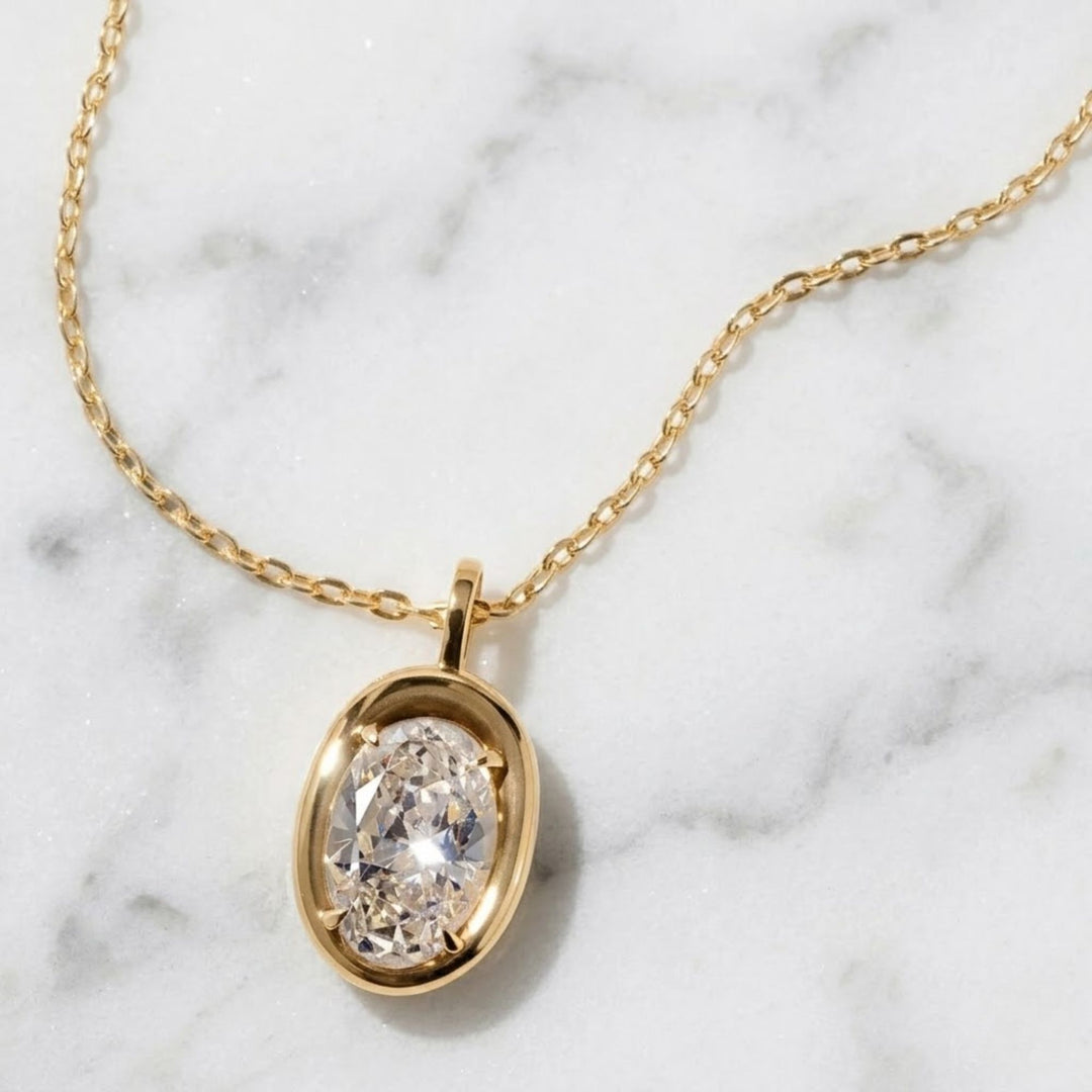 3 Ct Lab Grown Oval Diamond Pendant, 14k Yellow Gold Bezel Necklace