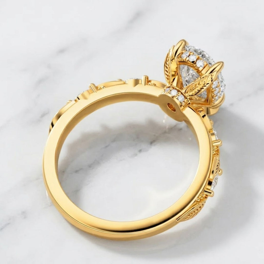 Oval Diamond Ring 2.00 ct with Side Marquise & Round Stones, Prong Set, 14K Gold, Engagement Floral Leaf Motif, SGL Certified