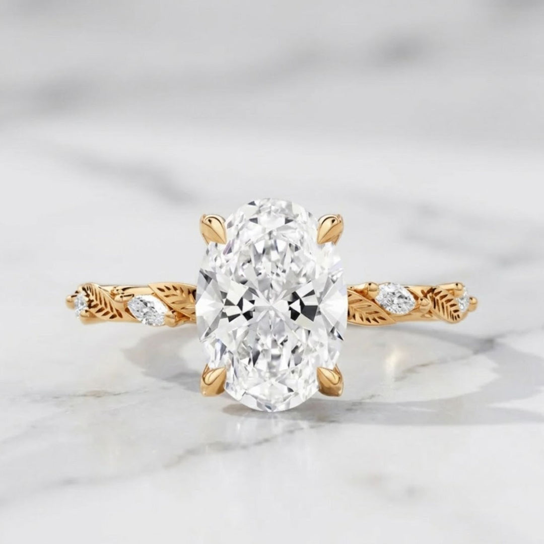 Oval Diamond Ring 2.00 ct with Side Marquise & Round Stones, Prong Set, 14K Gold, Engagement Floral Leaf Motif, SGL Certified