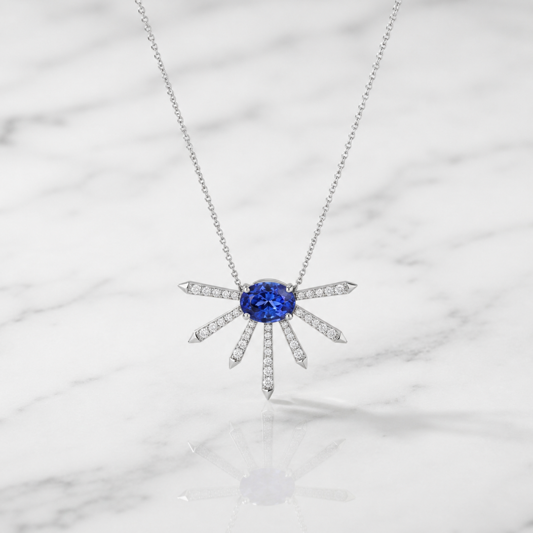 18K Solid Gold Natural Tanzanite & Diamond Necklace