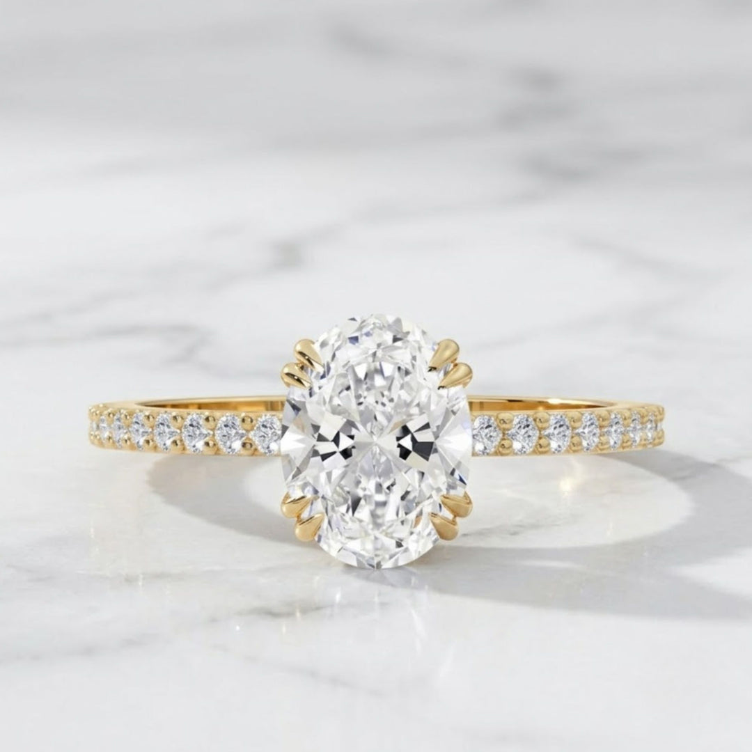 Oval Engagement Ring with Side Diamonds, 14K Solid Gold White, Yellow, Rose Gold, Prong Set, Pavé Band, Bridal Gift for Her