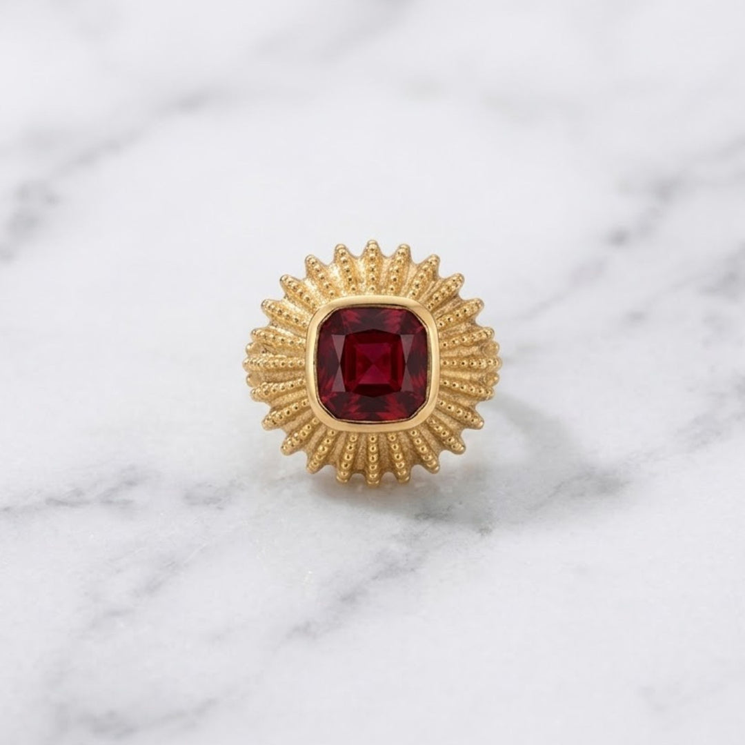 Royal Sunburst Cushion Ruby Gold Ring 18KT Solid Gold