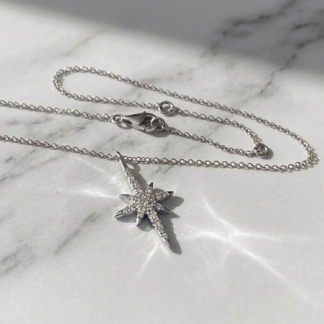 North Star Diamond Necklace in Solid Gold | Celestial Starburst Pendant | Lab Grown Diamond Pave Necklace | Minimal Dainty Gift for Her