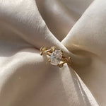 Load image into Gallery viewer, Diamond Engagement Ring, Oval Center Stone, Bezel &amp; Prong Set, 14K Gold, F+ VS+, Botanical Split Shank, Sustainable Jewelry