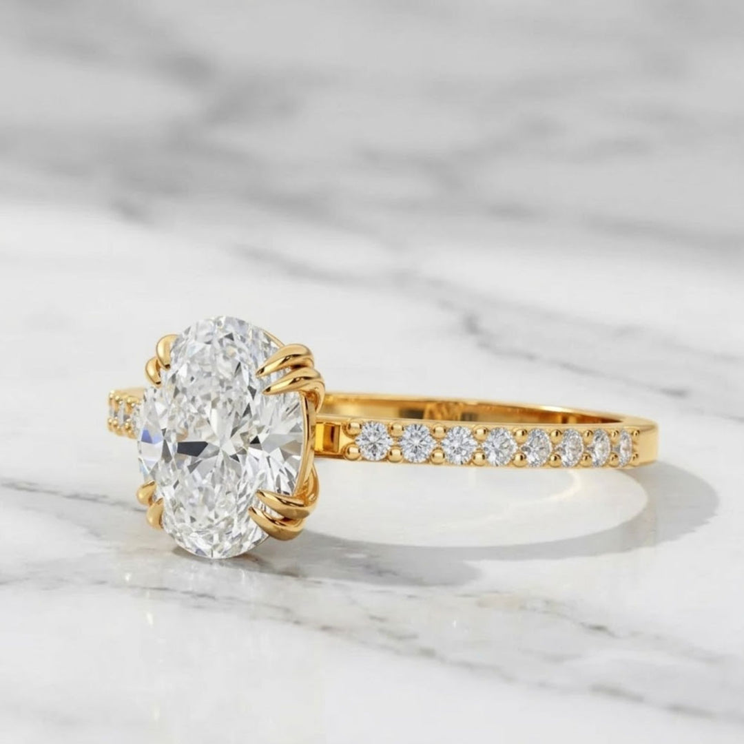 Oval Engagement Ring with Side Diamonds, 14K Solid Gold White, Yellow, Rose Gold, Prong Set, Pavé Band, Bridal Gift for Her