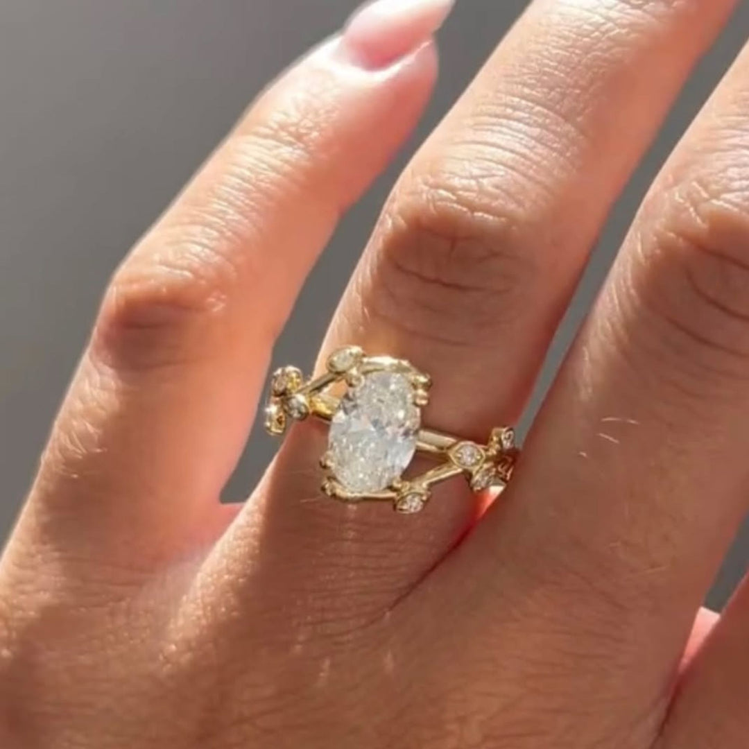 Diamond Engagement Ring, Oval Center Stone, Bezel & Prong Set, 14K Gold, F+ VS+, Botanical Split Shank, Sustainable Jewelry