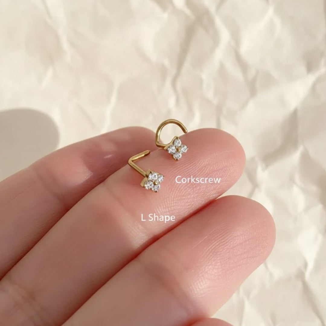 Flower L Shape / Corkscrew Nose Stud • Diamond Small Nose Stud, Nose Piercing • Solid Gold Nose Stud • Tiny Diamond Nose Stud