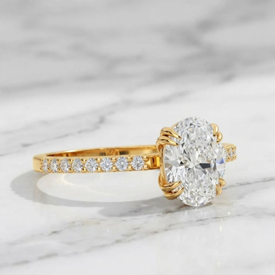Oval Engagement Ring with Side Diamonds, 14K Solid Gold White, Yellow, Rose Gold, Prong Set, Pavé Band, Bridal Gift for Her
