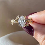 Load image into Gallery viewer, Diamond Engagement Ring, Oval Center Stone, Bezel &amp; Prong Set, 14K Gold, F+ VS+, Botanical Split Shank, Sustainable Jewelry