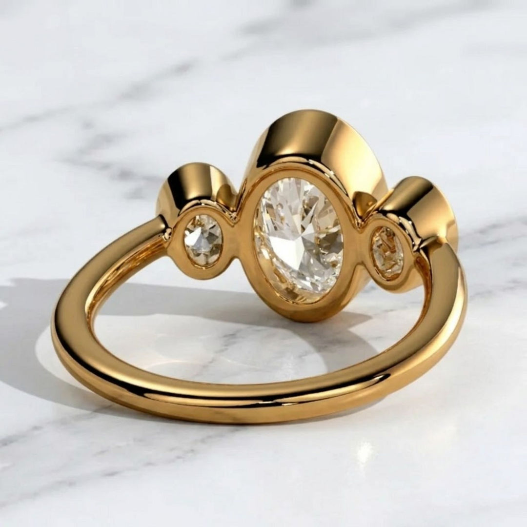 Diamond Three Stone Ring | Bezel Set Oval Cut 2 CT + 1 CT F+ VS+ | 14K Solid Gold Gold Jewelry for Bridal, Gift, Custom, Modern Style