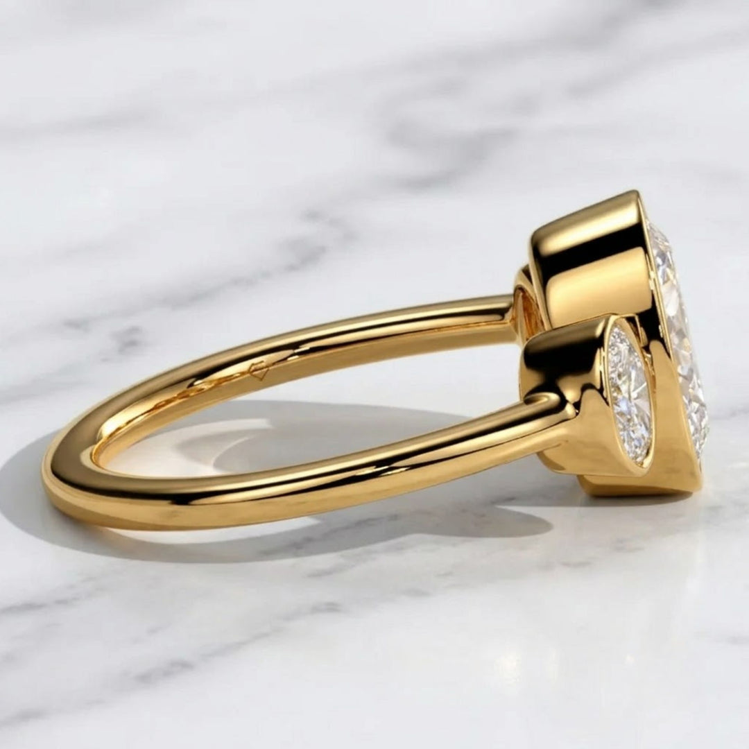 Diamond Three Stone Ring | Bezel Set Oval Cut 2 CT + 1 CT F+ VS+ | 14K Solid Gold Gold Jewelry for Bridal, Gift, Custom, Modern Style