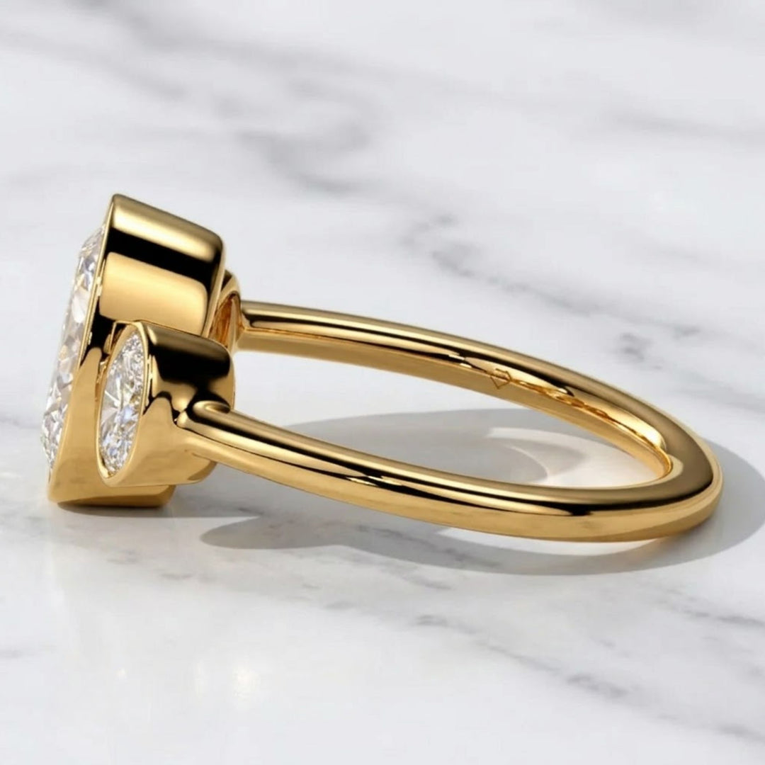 Diamond Three Stone Ring | Bezel Set Oval Cut 2 CT + 1 CT F+ VS+ | 14K Solid Gold Gold Jewelry for Bridal, Gift, Custom, Modern Style