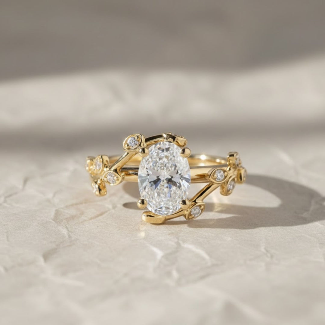 Diamond Engagement Ring, Oval Center Stone, Bezel & Prong Set, 14K Gold, F+ VS+, Botanical Split Shank, Sustainable Jewelry
