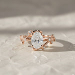 Load image into Gallery viewer, Diamond Engagement Ring, Oval Center Stone, Bezel &amp; Prong Set, 14K Gold, F+ VS+, Botanical Split Shank, Sustainable Jewelry