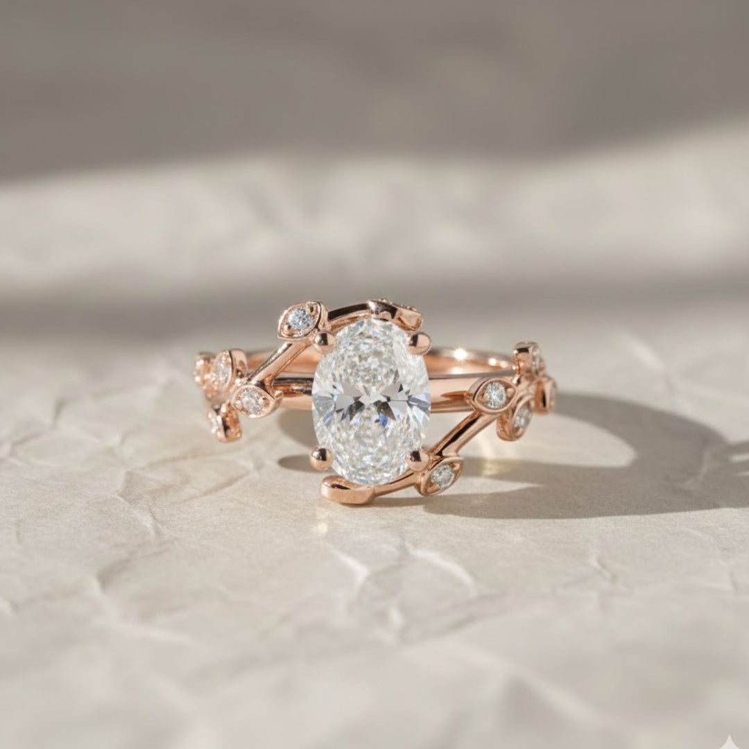 Diamond Engagement Ring, Oval Center Stone, Bezel & Prong Set, 14K Gold, F+ VS+, Botanical Split Shank, Sustainable Jewelry