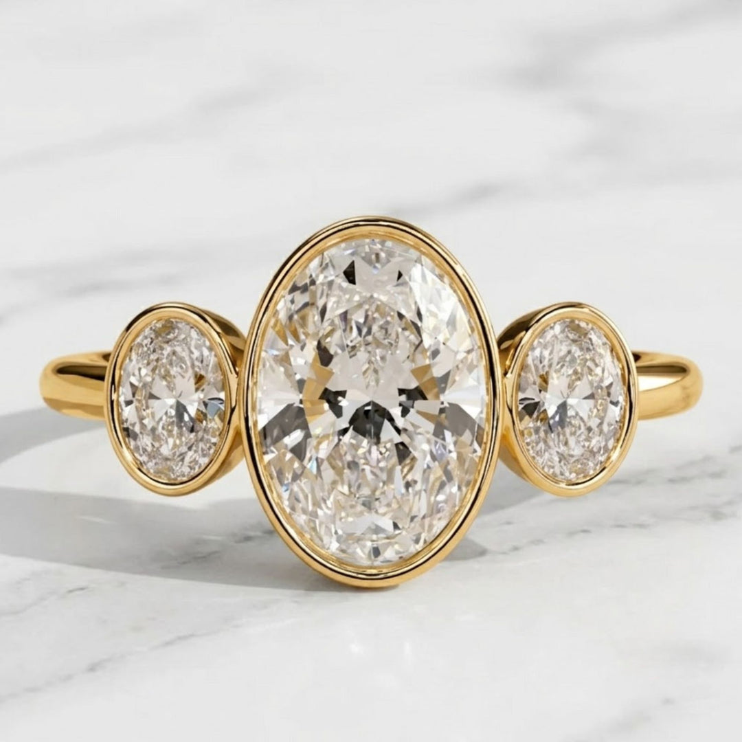 Diamond Three Stone Ring | Bezel Set Oval Cut 2 CT + 1 CT F+ VS+ | 14K Solid Gold Gold Jewelry for Bridal, Gift, Custom, Modern Style
