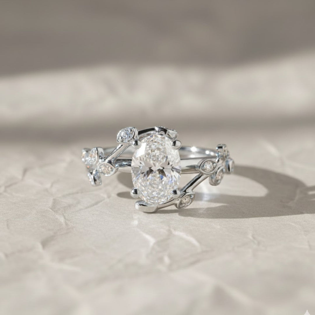 Diamond Engagement Ring, Oval Center Stone, Bezel & Prong Set, 14K Gold, F+ VS+, Botanical Split Shank, Sustainable Jewelry