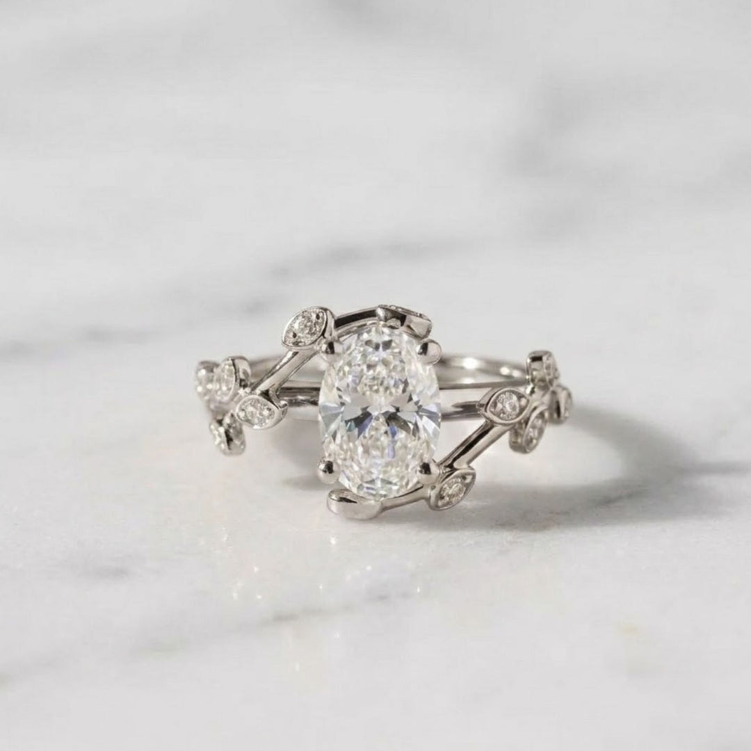 Diamond Engagement Ring, Oval Center Stone, Bezel & Prong Set, 14K Gold, F+ VS+, Botanical Split Shank, Sustainable Jewelry