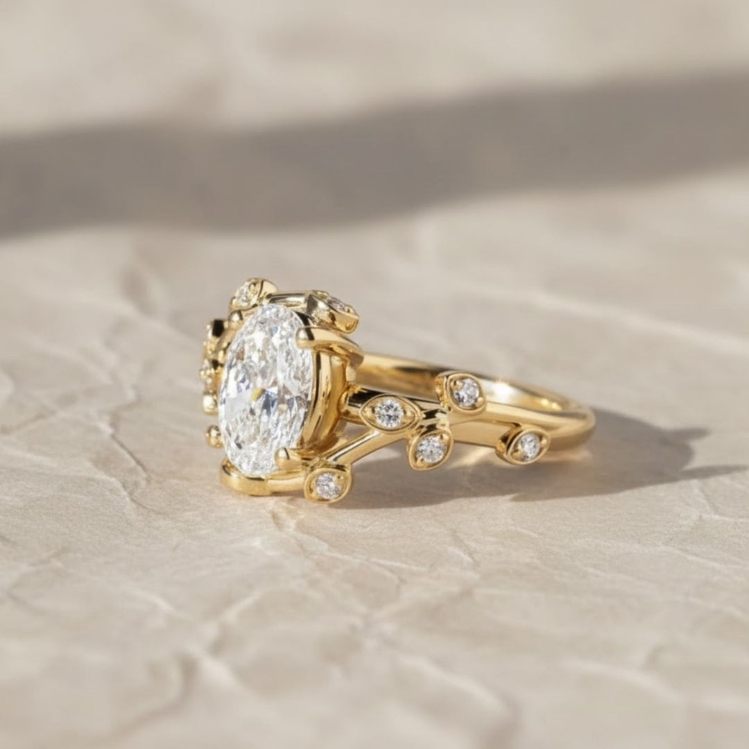 Diamond Engagement Ring, Oval Center Stone, Bezel & Prong Set, 14K Gold, F+ VS+, Botanical Split Shank, Sustainable Jewelry