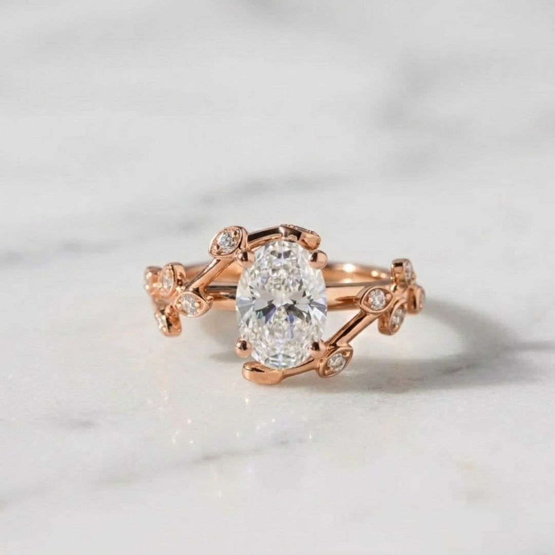 Diamond Engagement Ring, Oval Center Stone, Bezel & Prong Set, 14K Gold, F+ VS+, Botanical Split Shank, Sustainable Jewelry