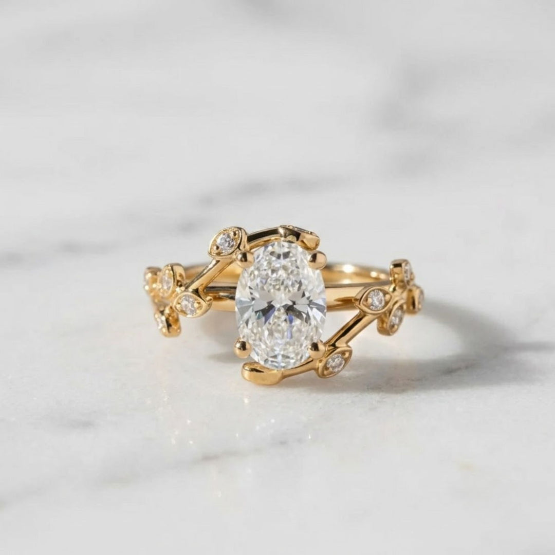 Diamond Engagement Ring, Oval Center Stone, Bezel & Prong Set, 14K Gold, F+ VS+, Botanical Split Shank, Sustainable Jewelry