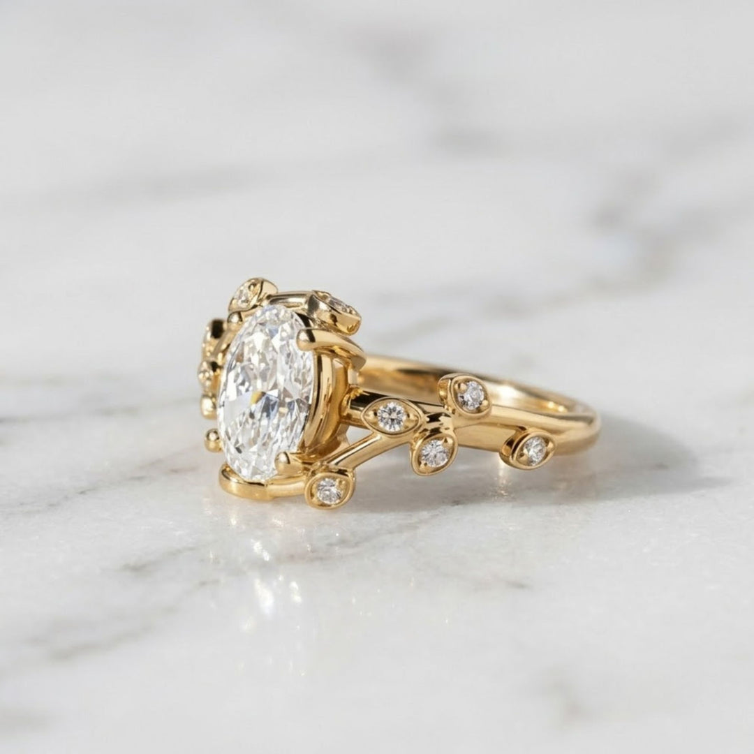 Diamond Engagement Ring, Oval Center Stone, Bezel & Prong Set, 14K Gold, F+ VS+, Botanical Split Shank, Sustainable Jewelry